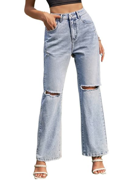

high waist ripped straight leg jeans a4on#, Blue
