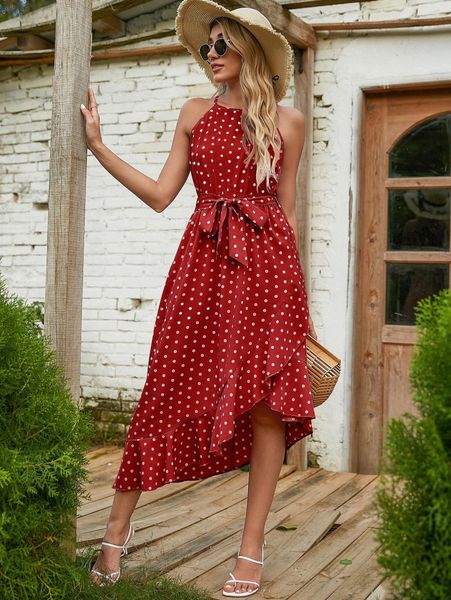 

polka dot belted ruffle hem dress 92wo#, Black;gray