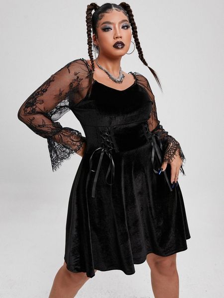 

plus contrast lace sleeve lace up front velvet dress f0ab#, Black