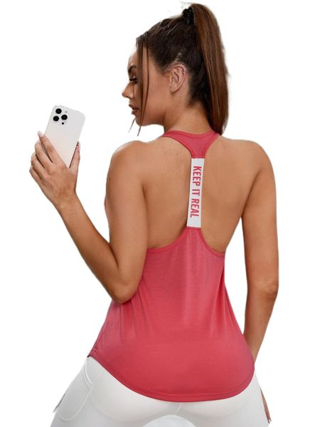 

contrast slogan tape racer back sports tank u29l#, Gray