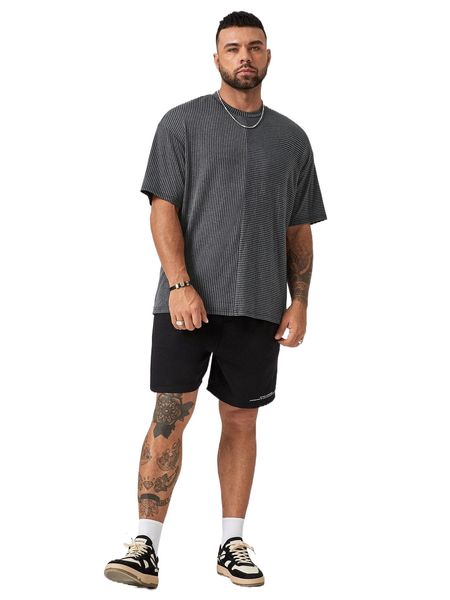 

extended sizes men striped print tee & slogan graphic shorts c07e#, Gray