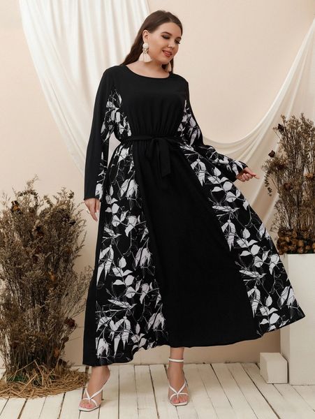 

plus floral print belted dress 89zl#, Black