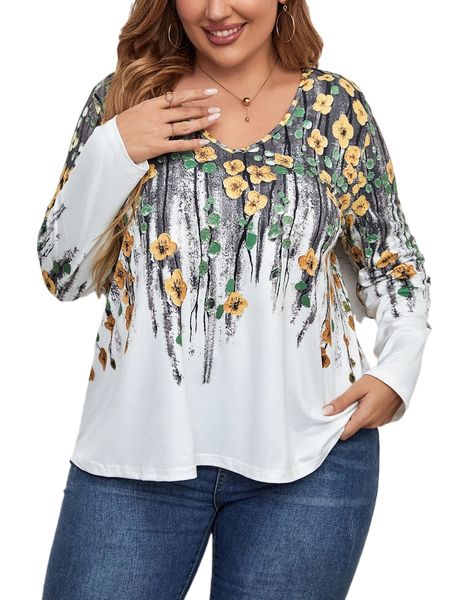 

plus floral print v neck tee p2gl#, Black