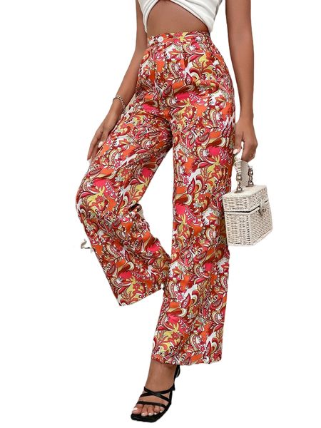 

high waist floral print plicated detail wide leg pants 33ya#, Black;white
