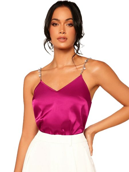 

chain strap pearls detail satin cami 13oi#, White
