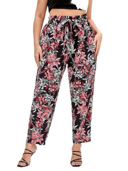 

plus allover floral print paperbag waist belted pants a940#, Black