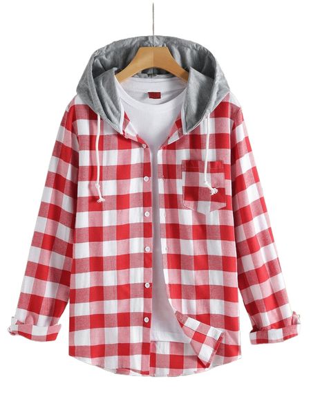 

men plaid button through hooded shirt c2gq#, White;black