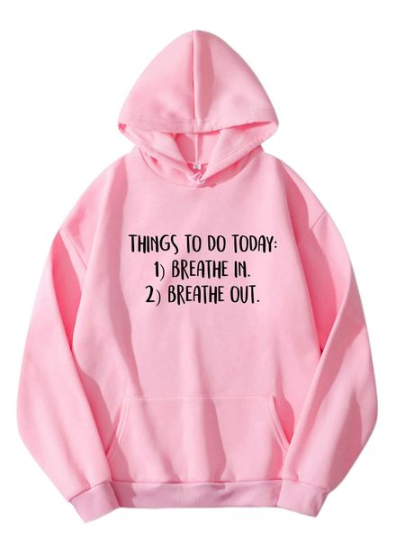 

slogan graphic kangaroo pocket drawstring thermal hoodie p7z2#, Black