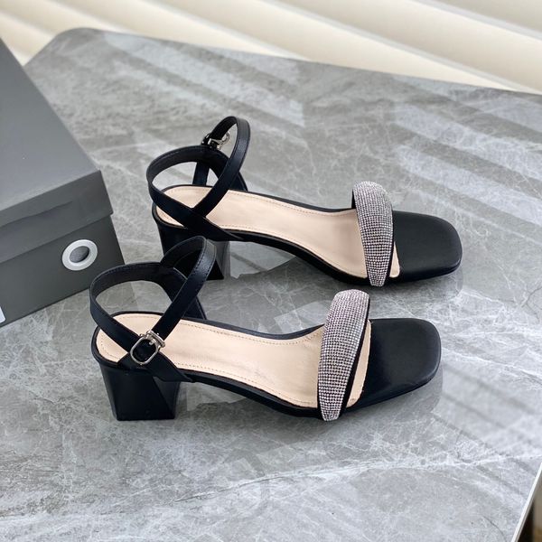 

2022 new fashion sandals women's shoes luxurious square heel leather toe leakage solid color high heels party, Black