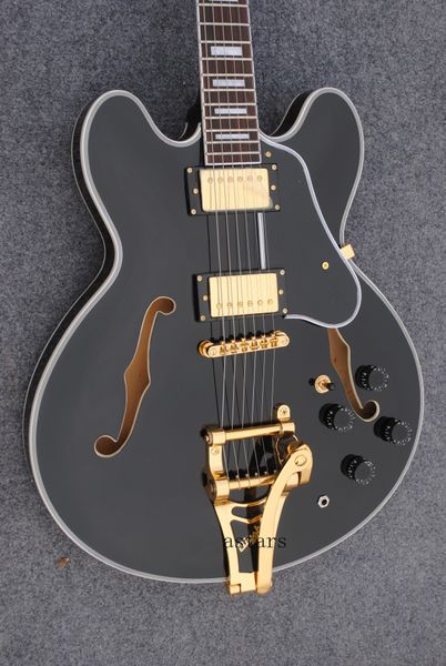 

black jazz electric guitar semi hollow body double f hole tremolo bridge delivery