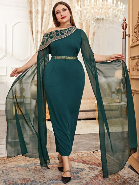 

plus geo embroidery asymmetrical neck cloak sleeve belted formal dress g2le#, Black