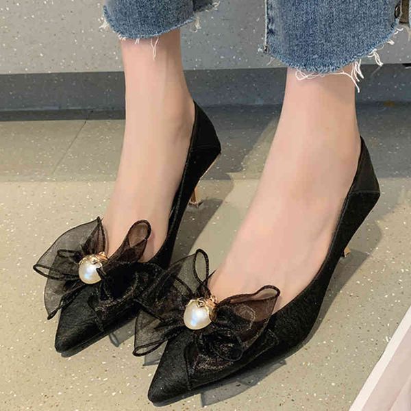 

dress shoes elegant pearl bowtie woman pumps 2022 spring satin punch shoe stiletto heels women high party banquet 220416, Black