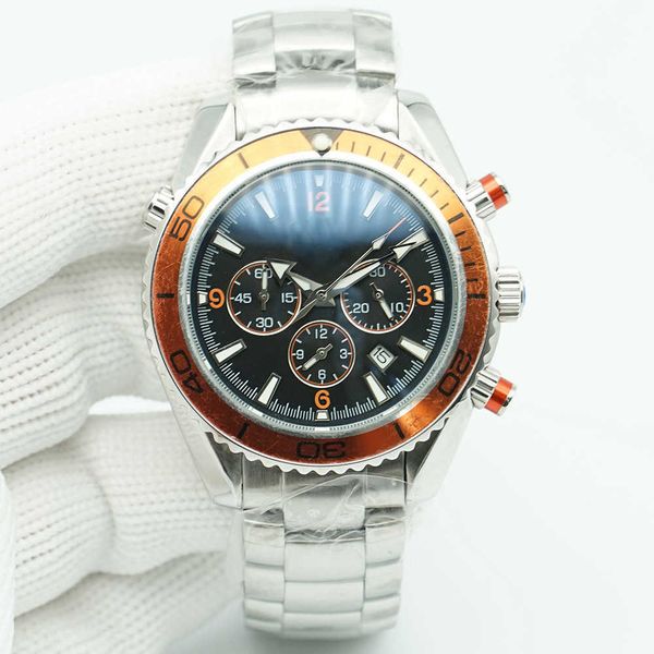 

orange bezel planet meter black dial watch 44mm quartz chronograph ocean diver 600m stainless steel glass back sports sea mens watches, Slivery;brown