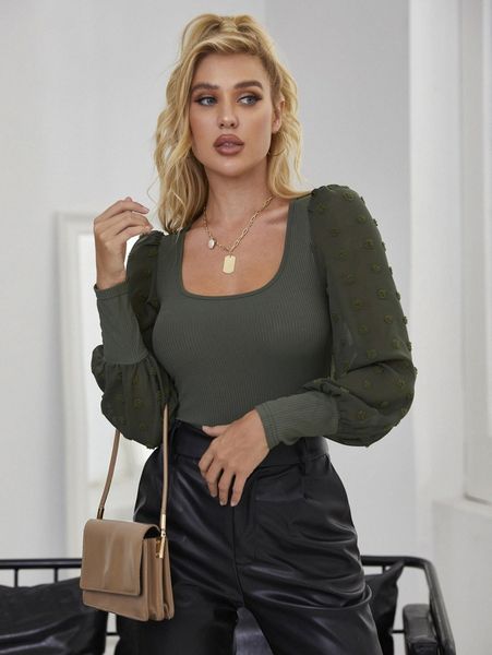 

swiss dot scoop neck bishop sleeve tee c1ii#, White