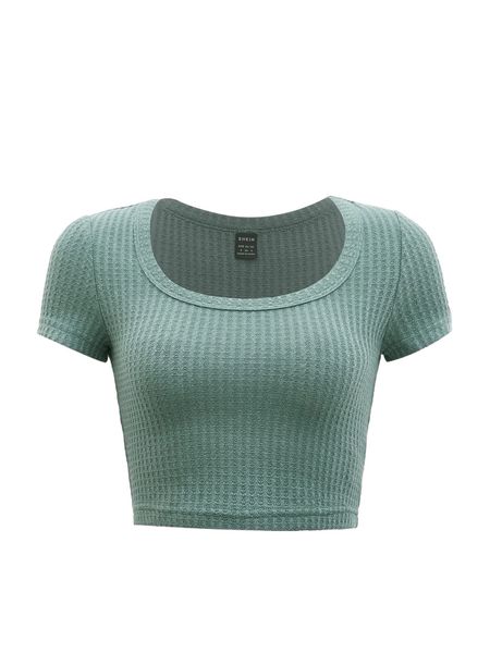 

solid crop textured knit tee k2qq#, White