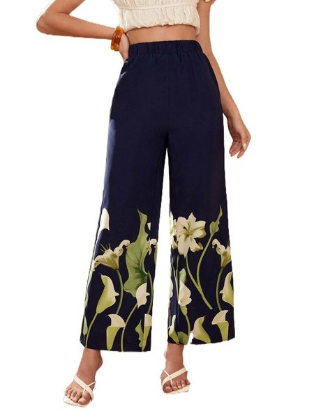 

floral print wide leg pants m1aw#, Black;white