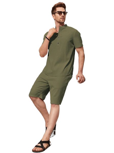 

men half button shirt & drawstring waist shorts o3ae#, Gray