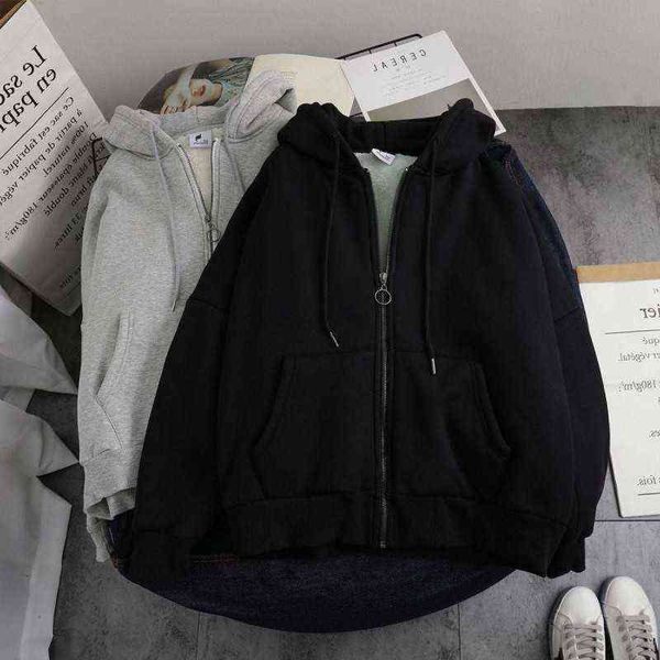 

women plush hooded jackets casual loose autumn hoodies fleece coats t220726, Black