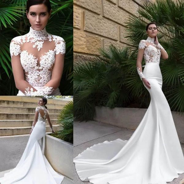 

new arrival lace high neck satin mermaid wedding dresses with poet long sleeves illusion bodice see through beach bridal wedding gown, White