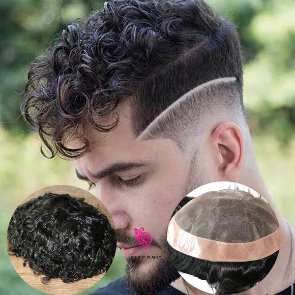 

20mm curly men's wigs human hair super durable mono toupee men capillary prosthesis hair unit replacement system pieces for male, Black