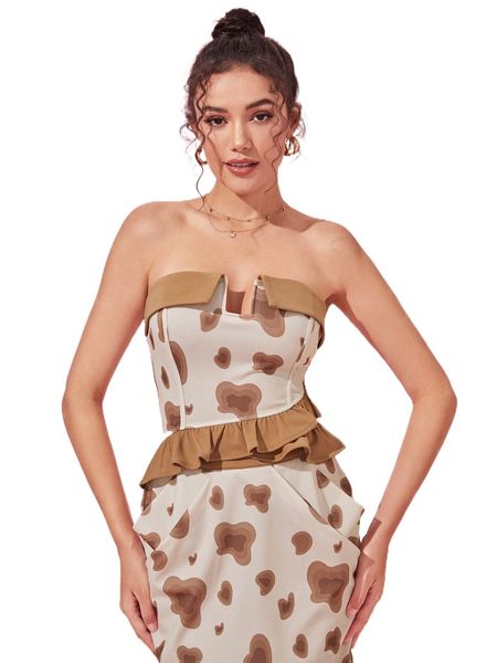 

x meng fei lin graphic print colorblock ruffle trim crop tube s2on#, White