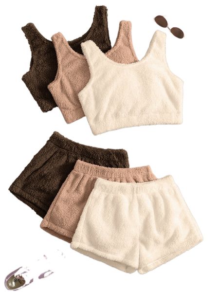 

6pcs solid flannel tank & shorts lounge set e4cv#, Black;red