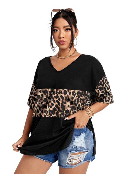 

plus contrast leopard print drop shoulder tee k4ml#, Black