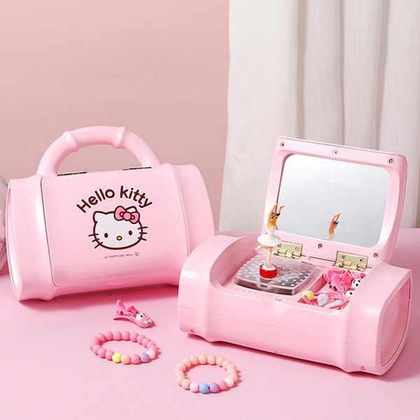 Objetos decorativos Estatuetas Colorido Flash Handbag Music Box com espelho Creative Dance Menina Olá Kt Jóias Armazenamento para Criança