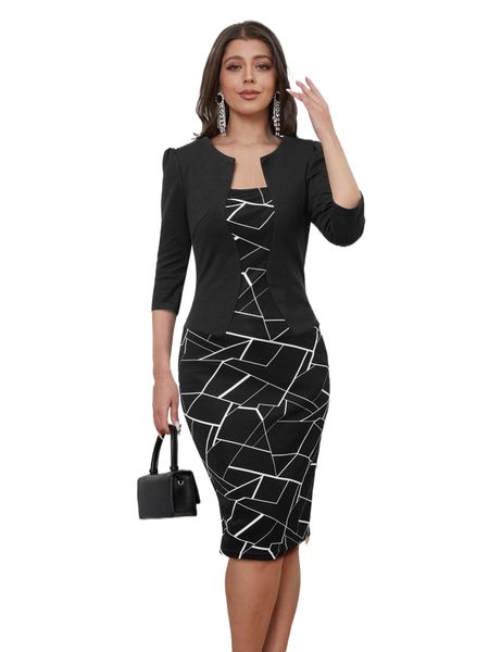 

geo print 2 in 1 bodycon dress q2b2#, Black;gray