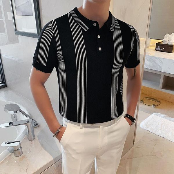 

men's polos stylish striped kniited shirt men fashion summer stretchable breatheable slim fit color contrast preppy top, White;black