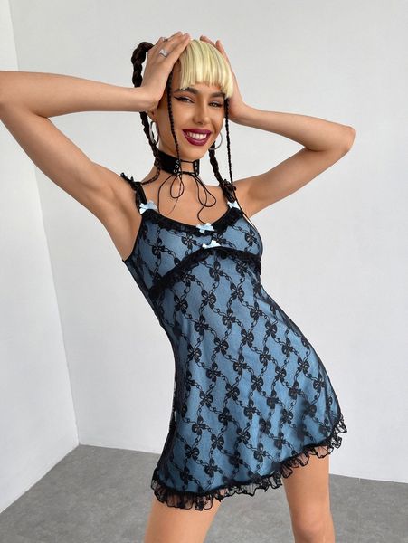 

bow front lettuce trim lace cami dress 77uu#, Black;gray