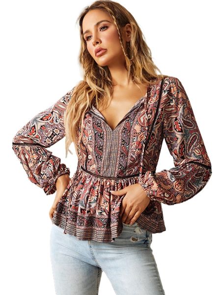 

luukse paisley print eyelet lace insert peplum blouse 01ld#, White