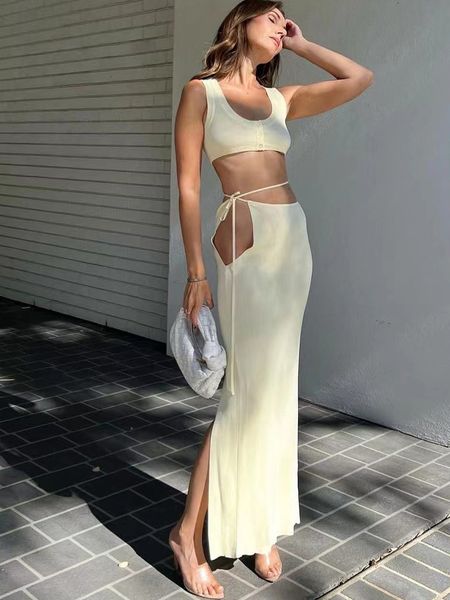 

elegant solid two piece set women skinny button sleeveless crop + straight bandage back slit skirt streetwear outfits, White