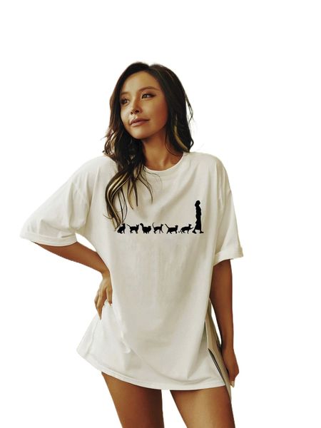

cat & figure graphic drop shoulder tee f9ly#, White