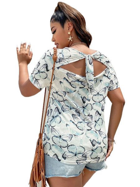 

plus butterfly print cut out tie back tee n4bo#, Black