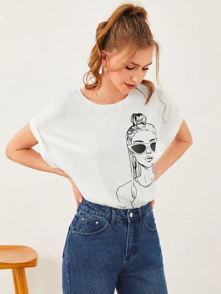 

figure graphic batwing sleeve tee 719e#, White