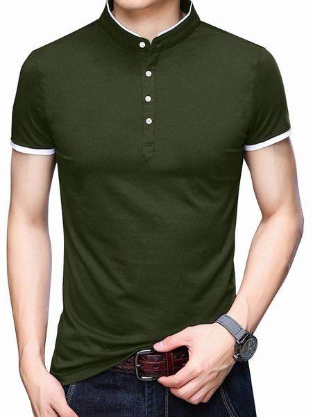 

men half button contrast trim tee z7l8#, White;black