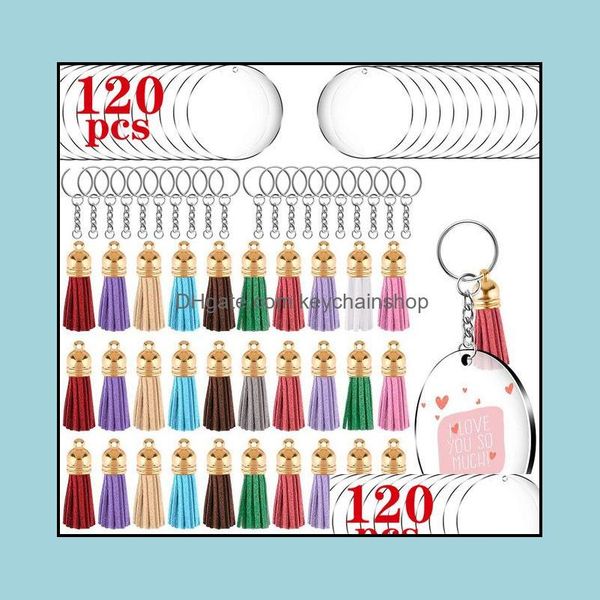 

keychains fashion accessories 120pcs acrylic keychain blank 2 inch clear circle discs with hole tassel pendant key rings bag ornament for di, Silver