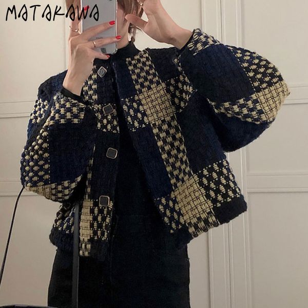 

matakawa woman jacket autumn korean o neck long sleeve plaid tweed jackets vintage contrast color elegant casual coat women 220815, Black;brown