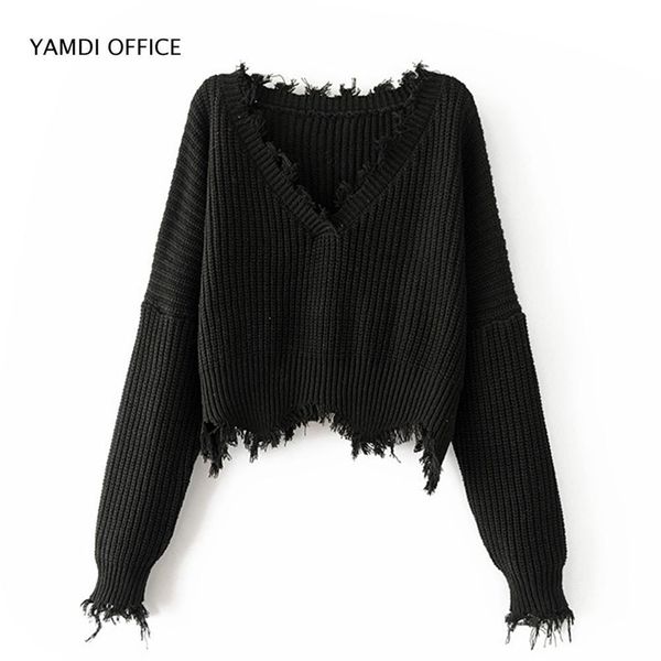 

yamdi new women tassel sweater autumn winter solid orange white black sweaters cropped jumpers v neck knitted pullover 210203