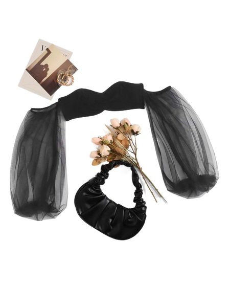 

off shoulder sheer mesh lantern sleeve crop p5lu#, White