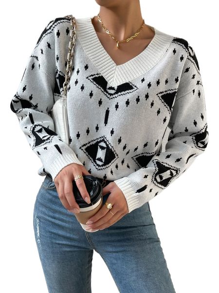 

argyle pattern drop shoulder sweater q6st#, White;black