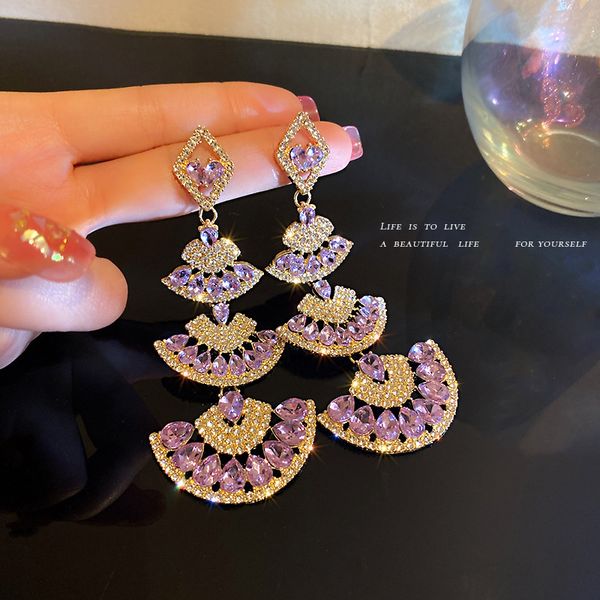 

925 silver stud rhinestone-encrusted scallop earrings european and american retro long high profile stud eardrop palace style all-match tem, Golden