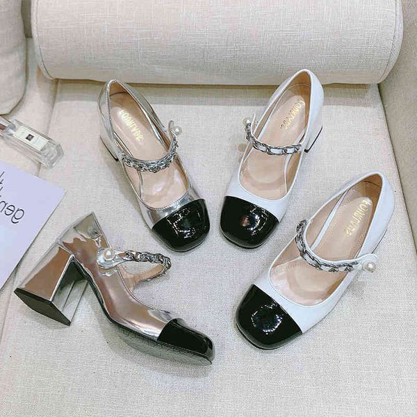 

shoes dress designer luxury patent leather single shoes women's miu family high heels round head mary jane thick hepburn pearl 3lr8, Black