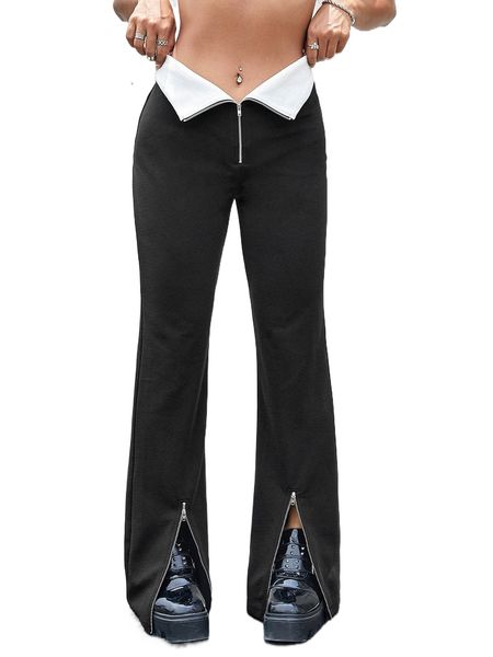 

zip hem flare leg pants a9tw#, Black;white