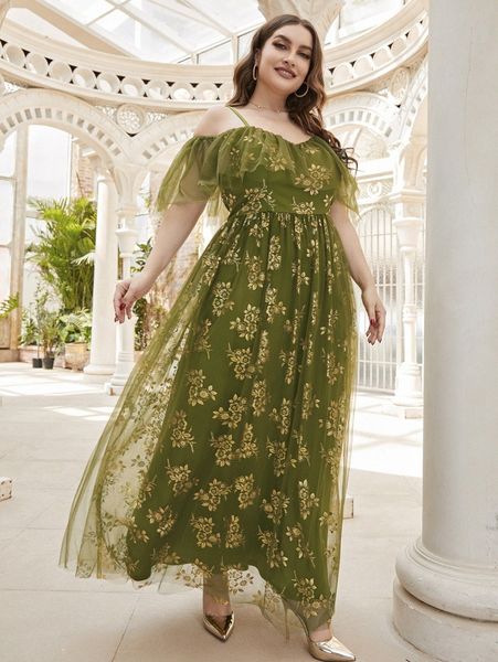 

plus floral print cold shoulder mesh overlay dress o2md#, Black