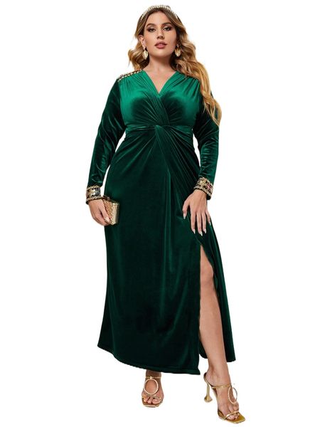 

plus sequins embroidery detail ruched wrap hem velvet dress 65sx#, Black