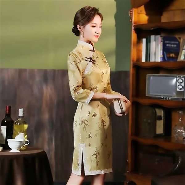 

casual dresses 2022 spring and autumn chinese style satin jacquard cheongsam, slim thin, oblique lapel buckle dress 211028 hk2c, Black;gray