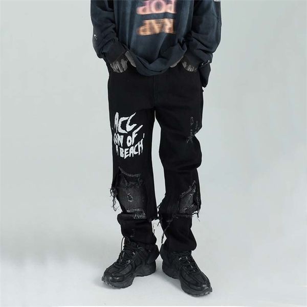 Unclenjm Men S Graffiti Black Jeans Black 2020 Men Slim Fit Risped Jeans Denim Calças Vintage Longo Ed LJ200911