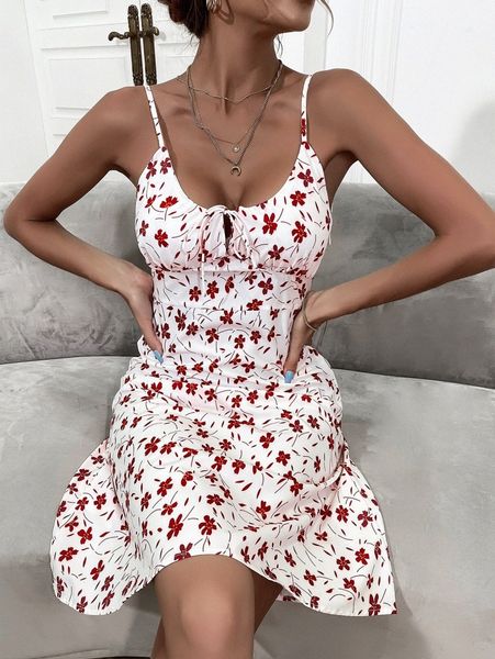 

ditsy floral tie front cami dress 86a7#, Black;gray